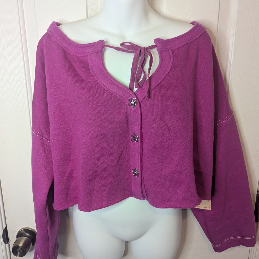 LOVEFOOL Magenta Buttoned And Tied Cropped Y2K 3/4 Sleeve Pullover, Size 3X